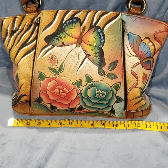 Anuschka butterfly floral double handle handpainted leather shoulder bag nwot - Picture 3 of 11